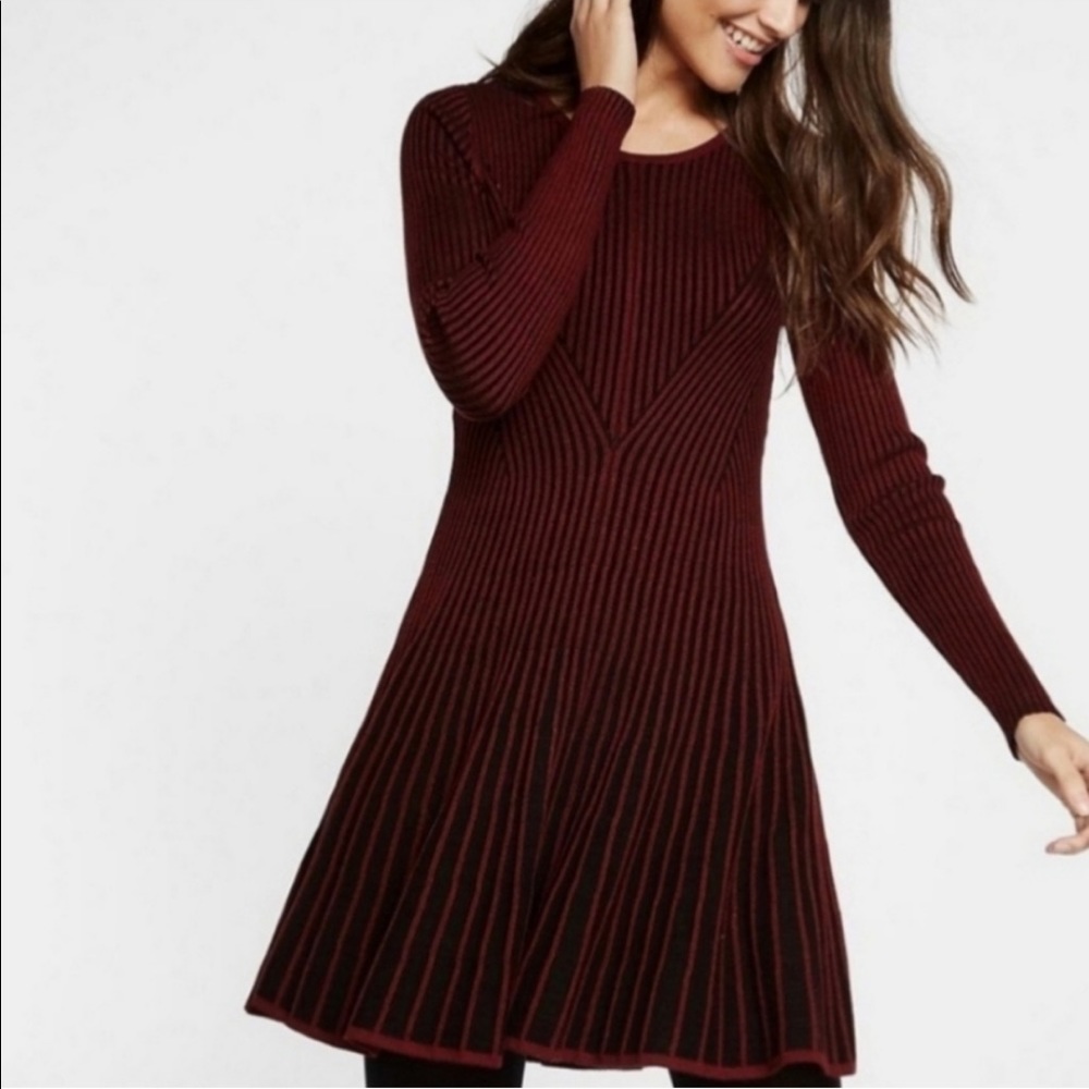 Express Ribbed Long Sleeve Sweater Dress - Maroon - XS